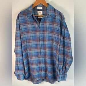 Vintage Viyella Mens Plaid Flannel Shirt Sz L Blue Red Wool Blend Button-Up EUC